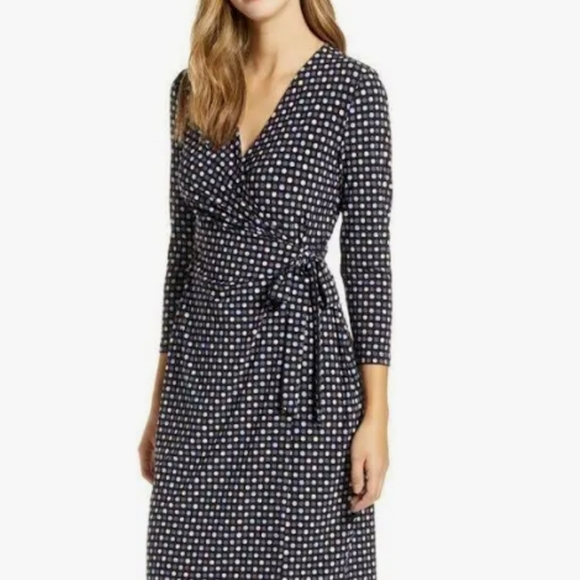 Anne Klein Dresses & Skirts - Anne Klein Navy and White Polka Dot Long Sleeve Wrap Dress